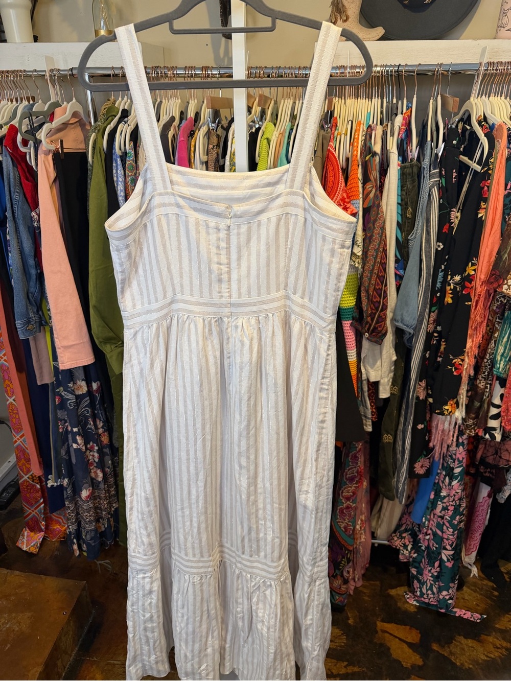 NWT LOFT Shimmer Striped White and Light Gray Maxi Linen Blend Dress - Picture 7 of 8